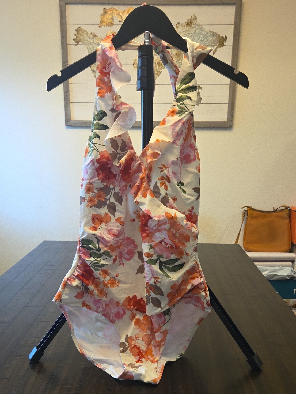 Floral Ruffle Halter Women's Top in Cream and Orange